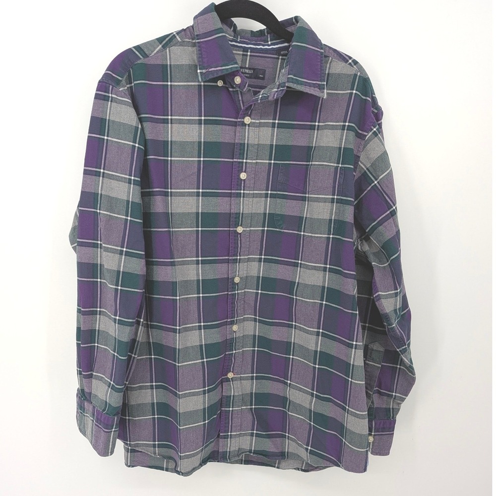 Cremieux Button‎ Down Mens Large Purple Plaid Long Sleeve Cotton Classics Shirt